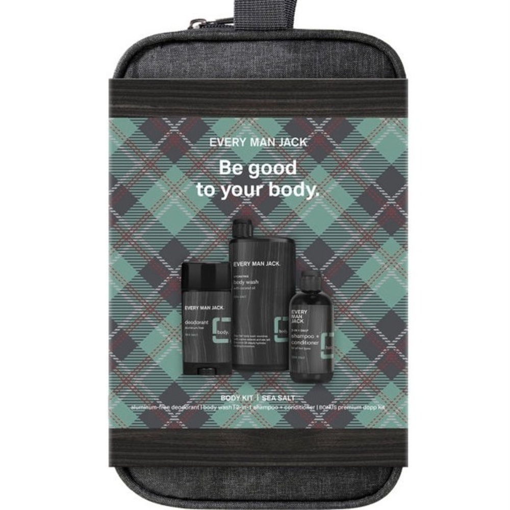 Every man Jack 4 pieces body kit. Including a gray travel bag!